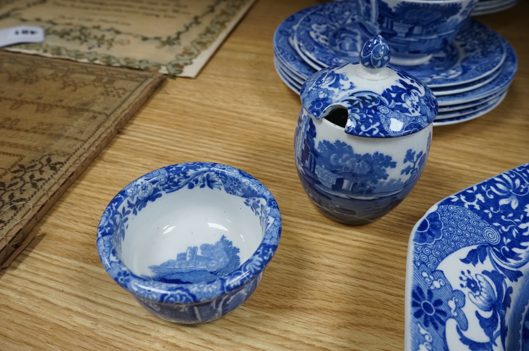 A Spode blue and white Italian service to include dinner plates, graduated bowls and platters, largest 37cm wide